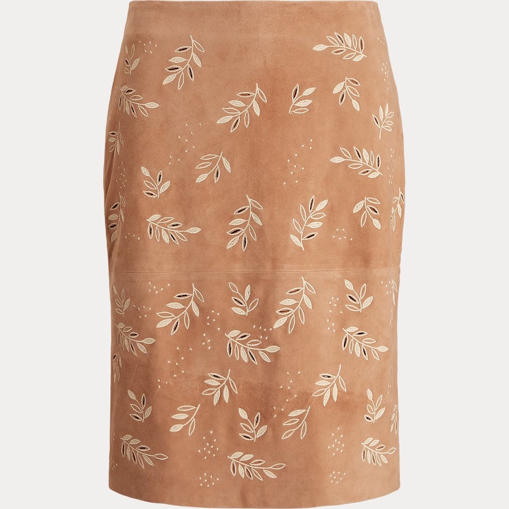 $600 LAUREN RALPH LAUREN Women’s Embroidered Suede Knee Length Pencil Skirt Sz 6